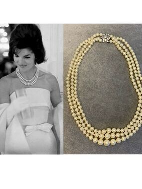 JACKIE kennedy inspired triple layered strand faux pearl rhinestone necklace